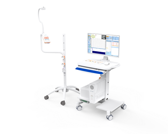 Medizinisches Gerät mit Monitor, Infusionsständer und beweglichem Unterbau.